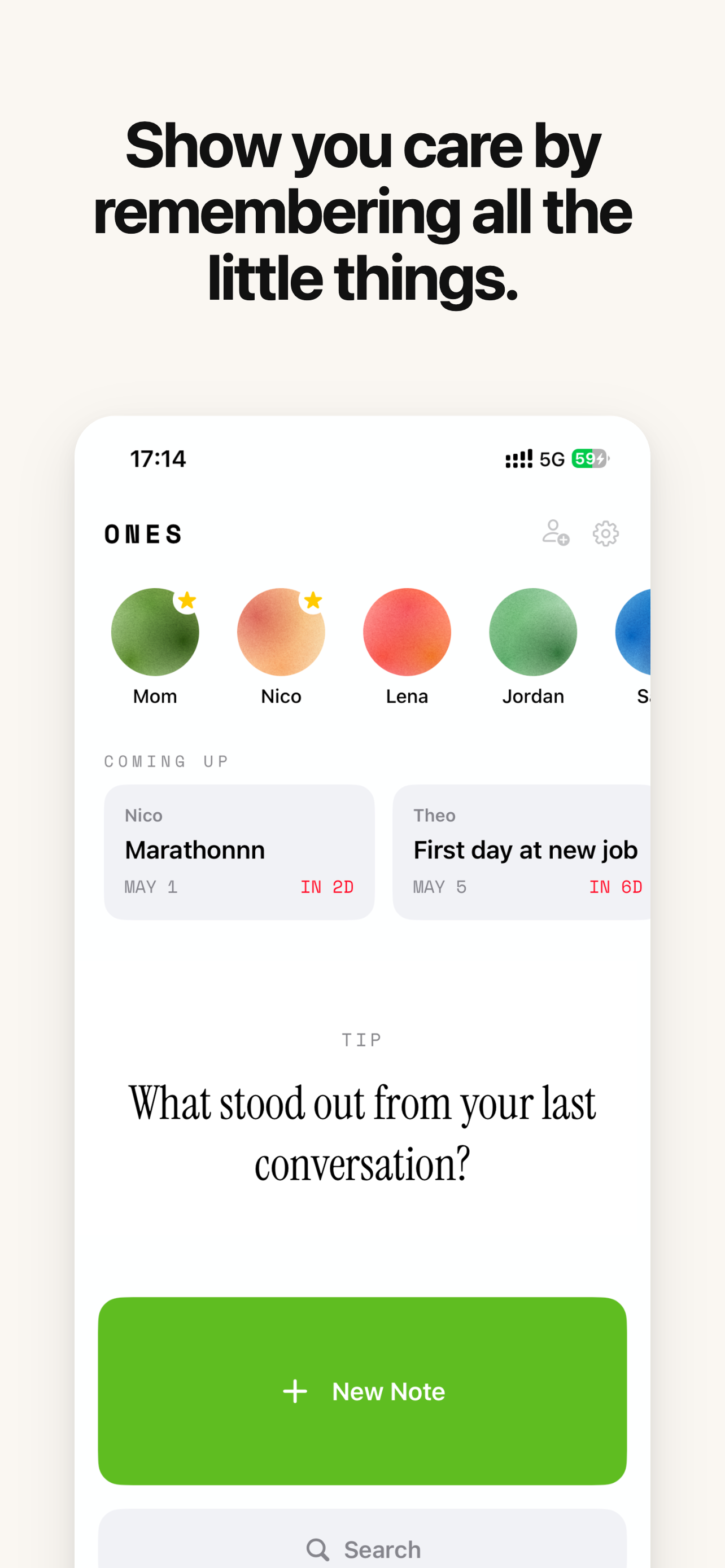 Ones home screen — upcoming dates and the people you care about