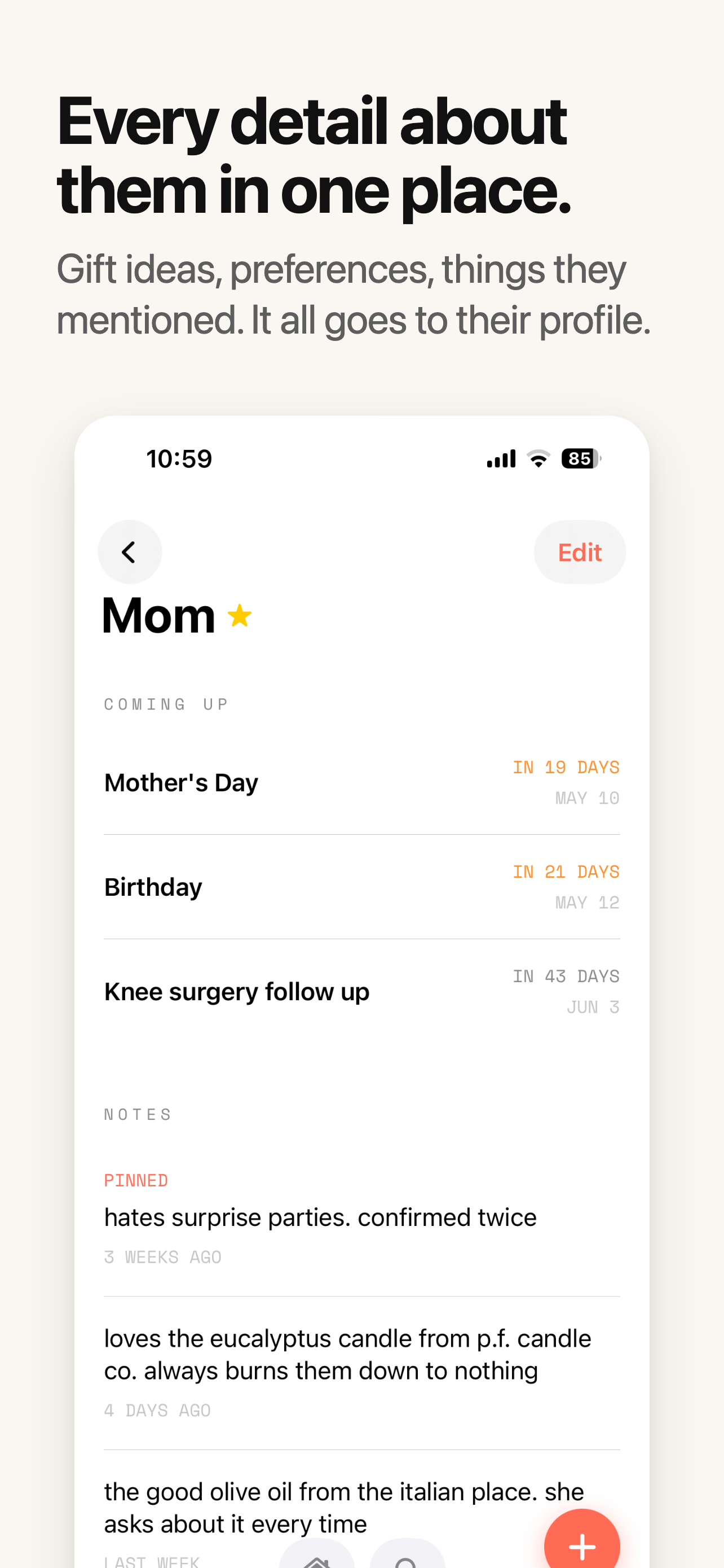 Every detail about them in one place — Ones person profile showing upcoming dates and pinned notes